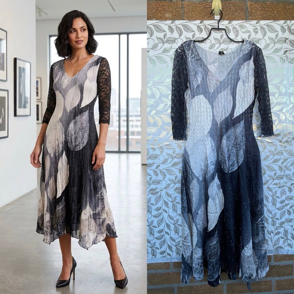 Komarov Whimsigoth Leaf Print Maxi Dress S Black Gray Pleated Lagenlook Boho⁠